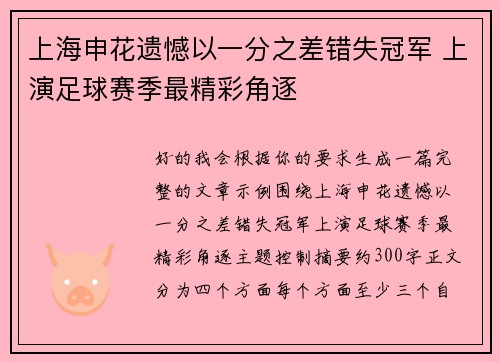 上海申花遗憾以一分之差错失冠军 上演足球赛季最精彩角逐